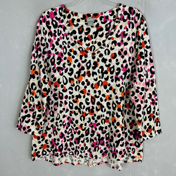 Chicos size 3 /XL colorful cheetah print cotton tee 3/4 sleeve v-neck - Picture 1 of 9